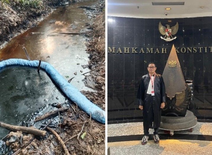 Kuasa hukum Amril, S.T., S.H., M.H saat di Mahkamah Konstitusi dan Dokumentasi Pencemaran Lingkungan Sungai. Foto : Ist